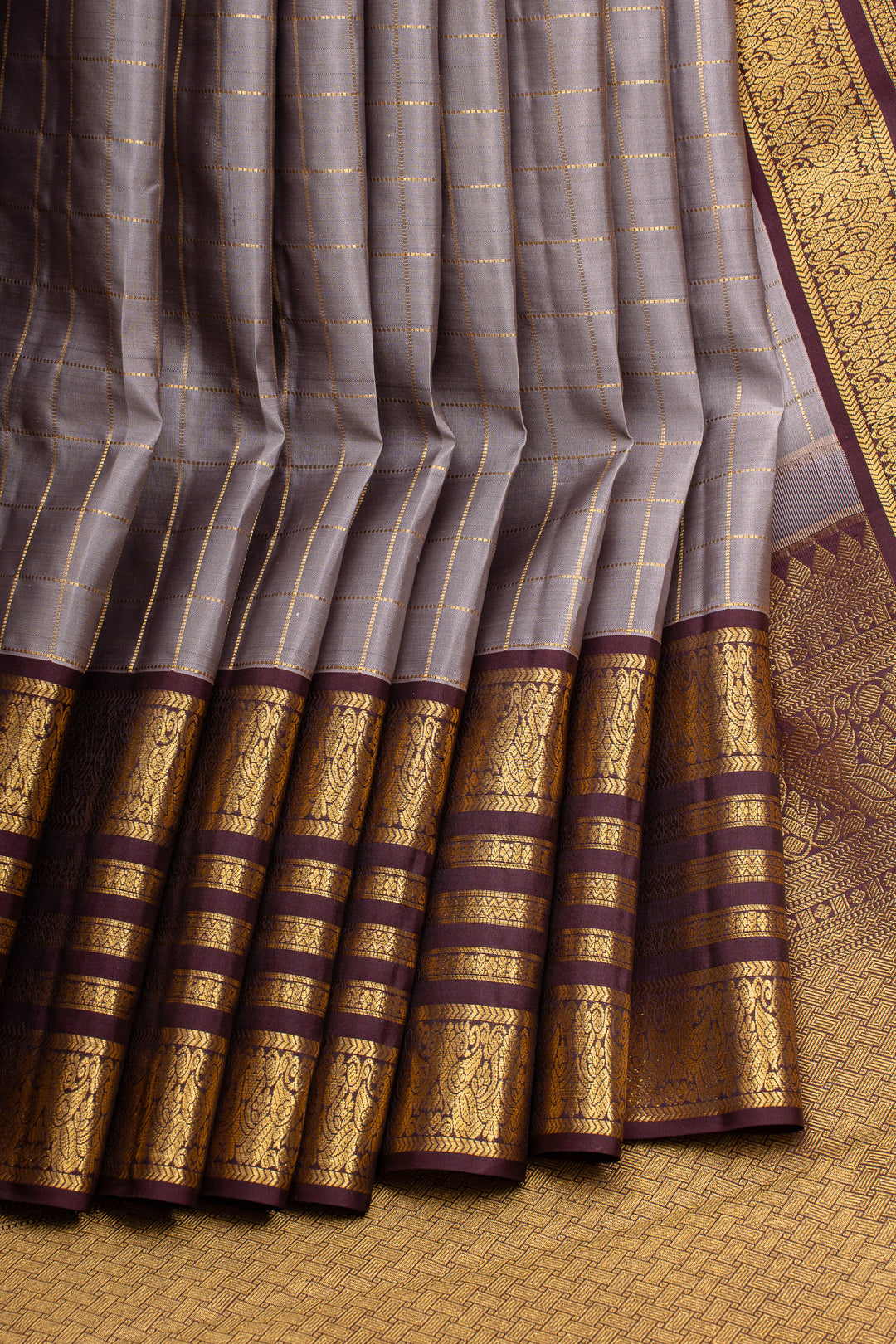 Grey Zari checks varisaipettu pure kanchipuram silk saree