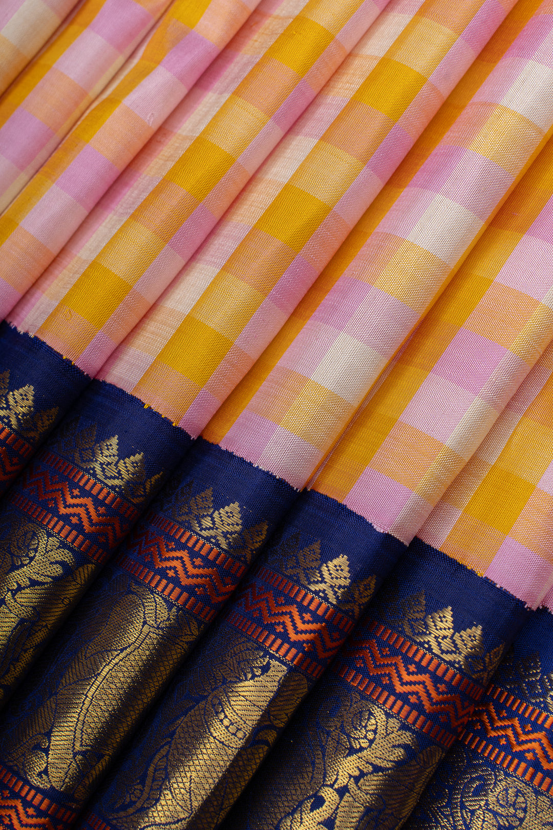 Pink and blue vintage checks pure kanchipuram silk saree