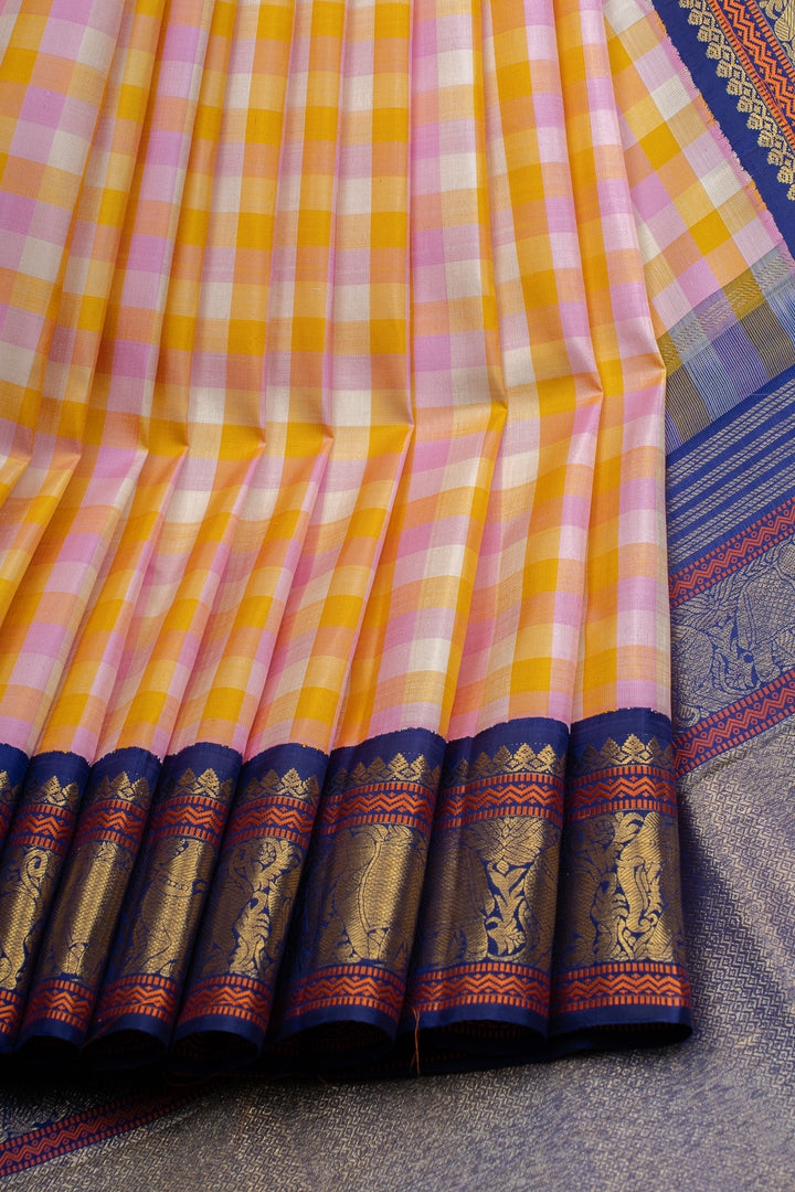 Pink and blue vintage checks pure kanchipuram silk saree