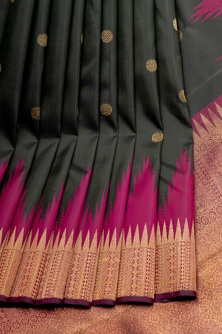 Bottle green temple border  pure kanchipuram silk saree