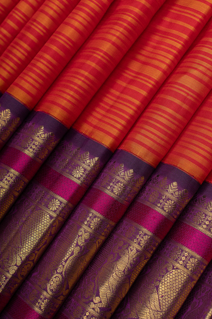 Red and purple stripes pure kanchipuram silk saree