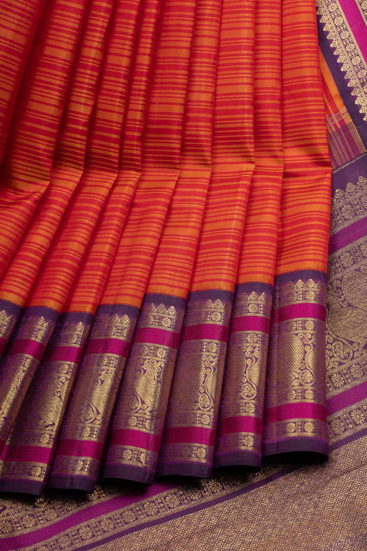 Red and purple stripes pure kanchipuram silk saree
