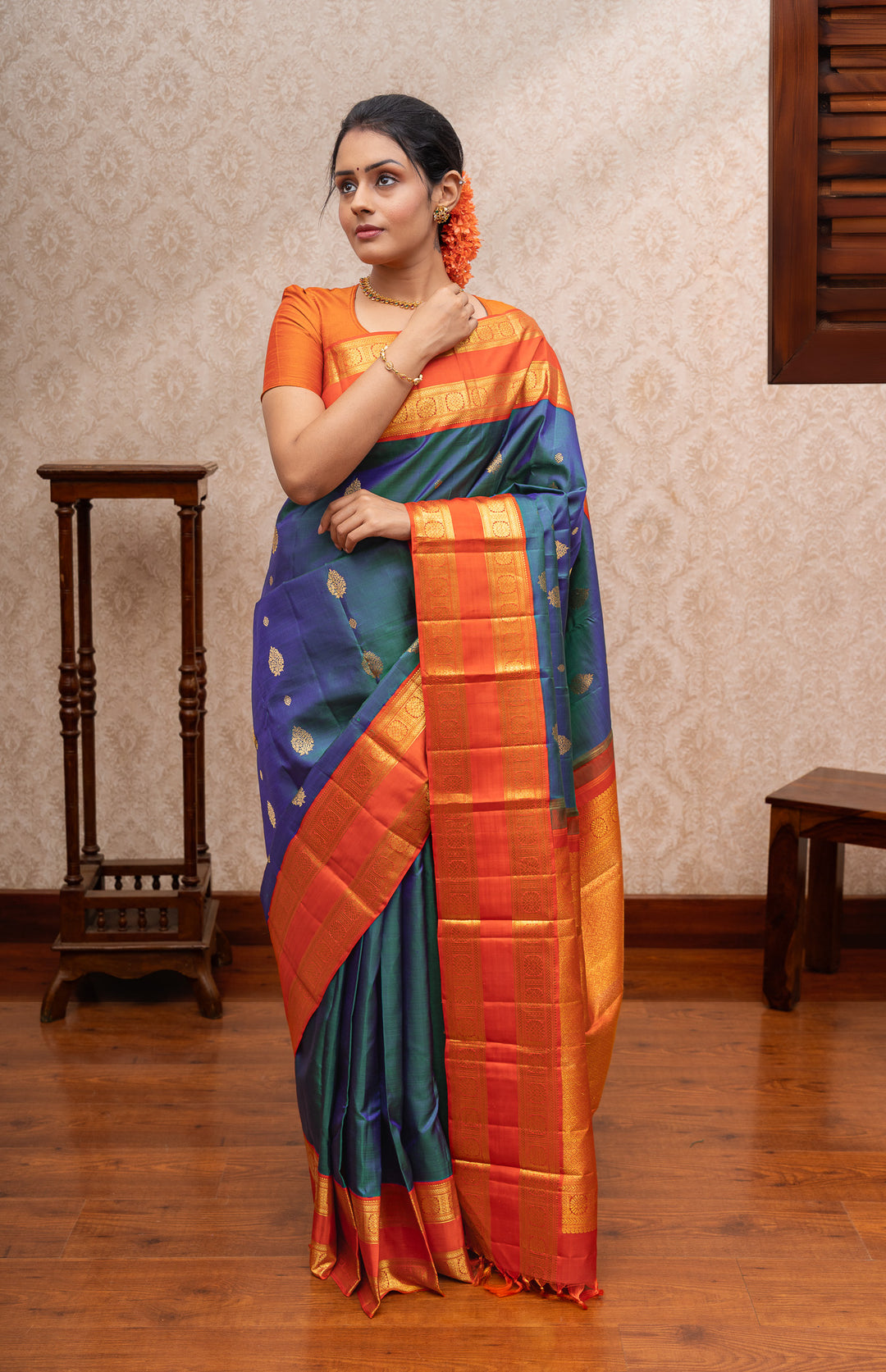 Peacock blue and orange pure kanchipuram silk saree