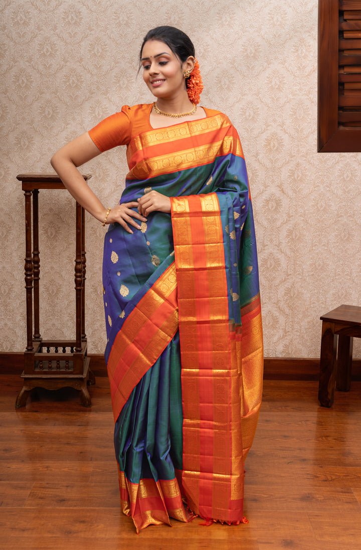 Peacock blue and orange pure kanchipuram silk saree