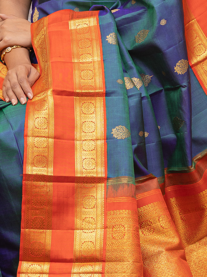 Peacock blue and orange pure kanchipuram silk saree