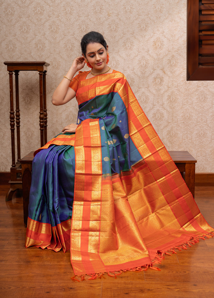 Peacock blue and orange pure kanchipuram silk saree