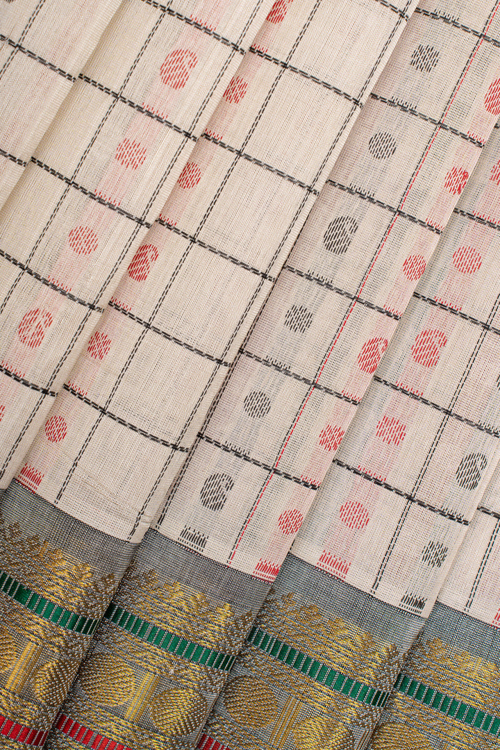 Off white thread checks  pure silk cotton saree