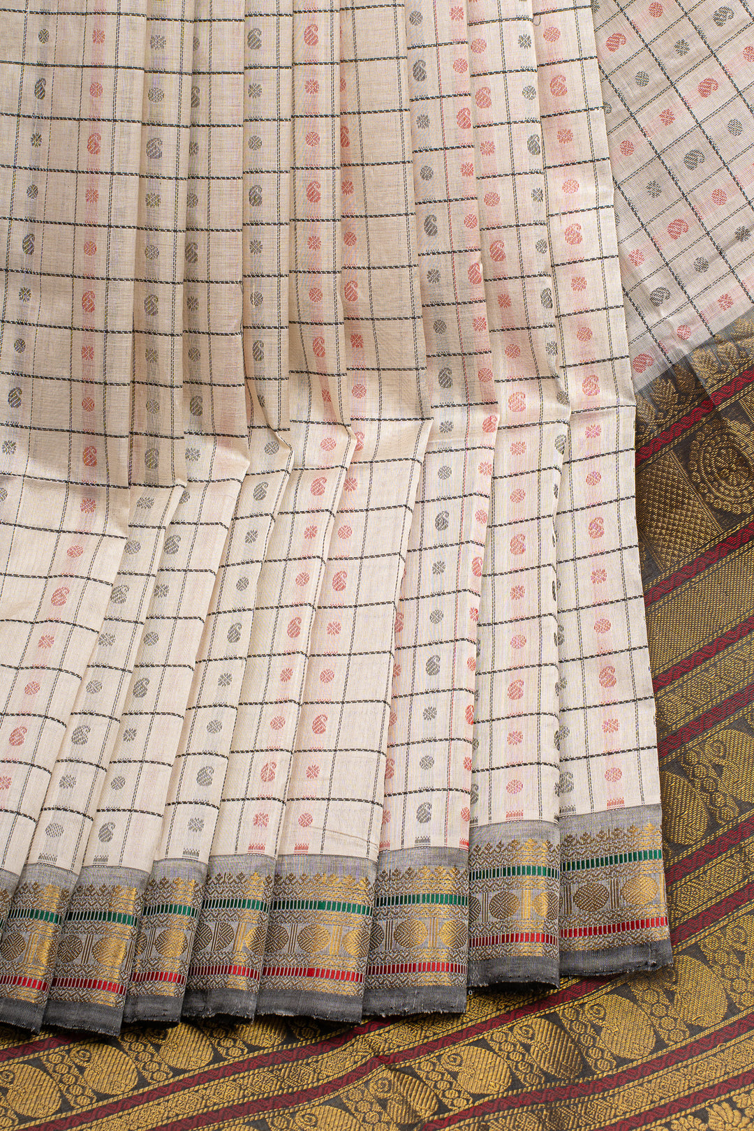 Off white thread checks  pure silk cotton saree