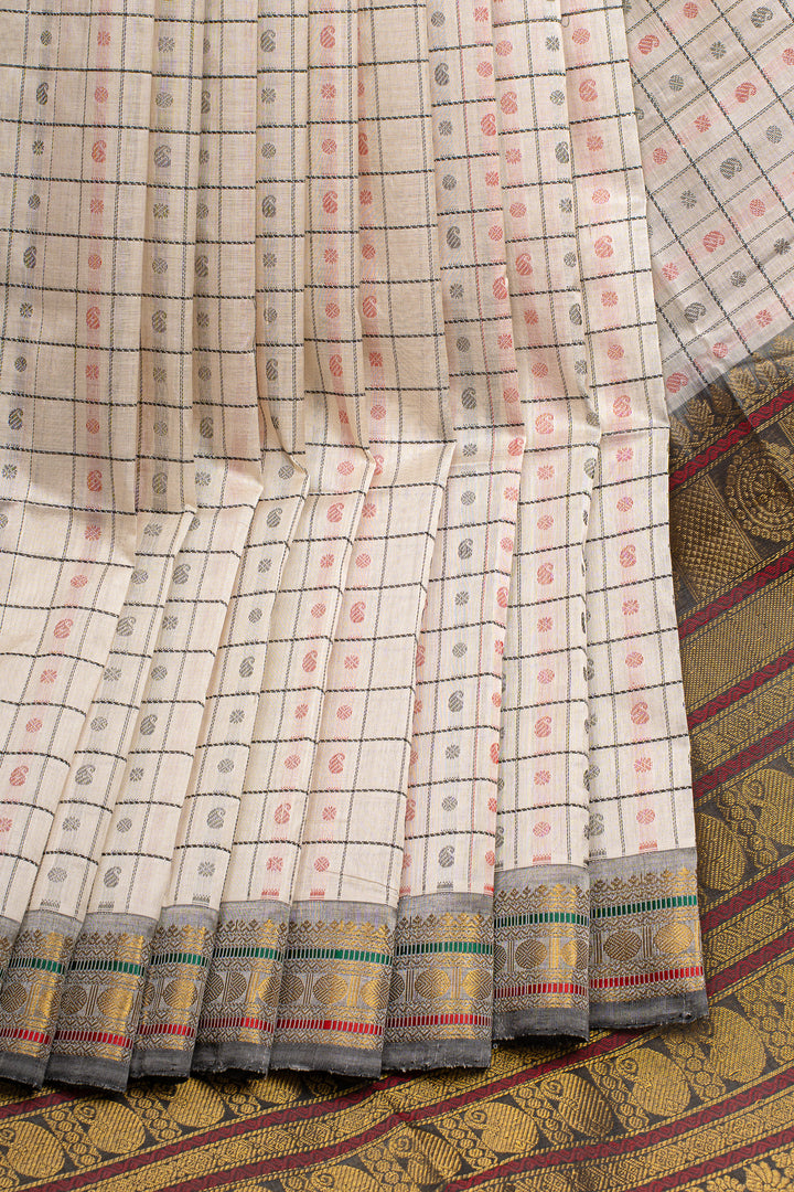 Off white thread checks  pure silk cotton saree