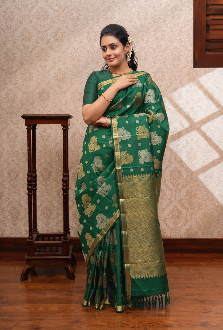 Bottle green vintage motifs pure kanchipuram silk saree