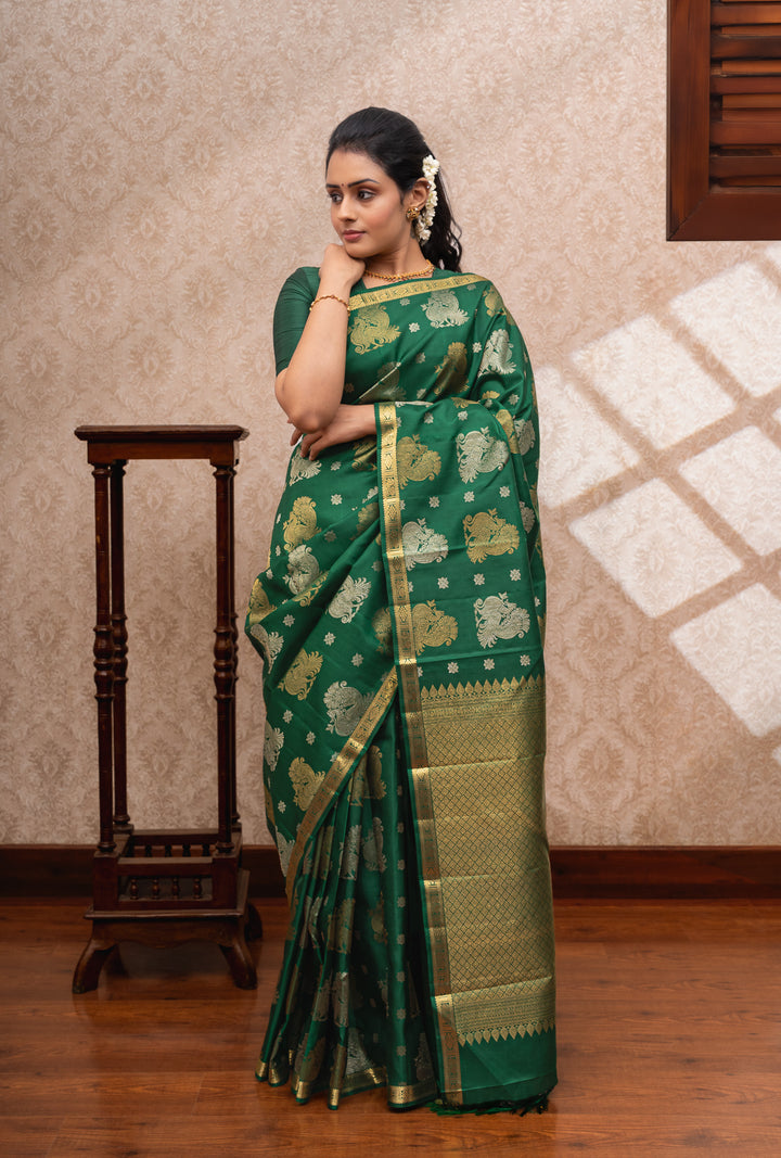 Bottle green vintage motifs pure kanchipuram silk saree