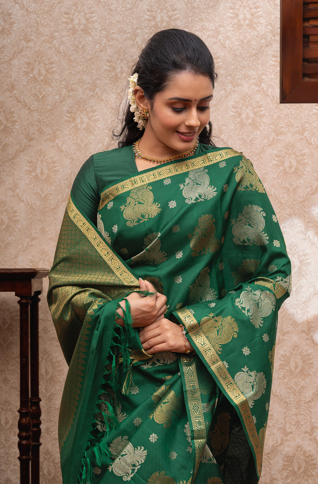 Bottle green vintage motifs pure kanchipuram silk saree