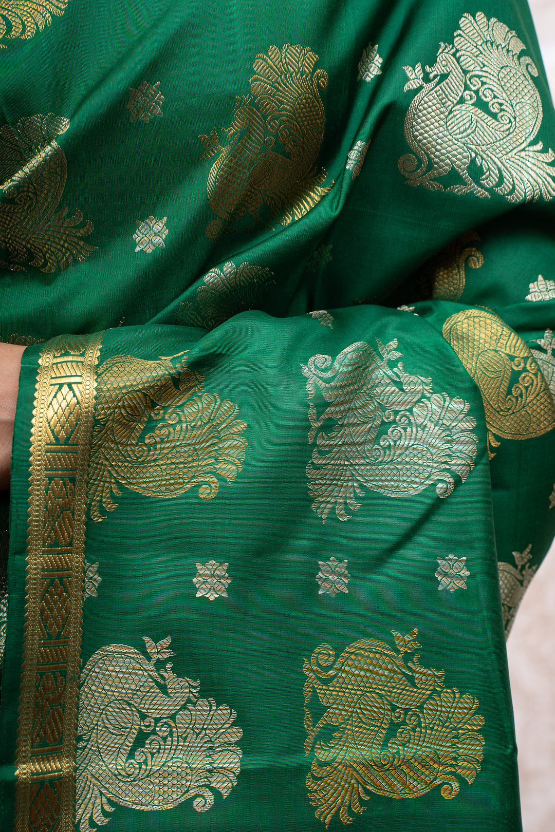 Bottle green vintage motifs pure kanchipuram silk saree