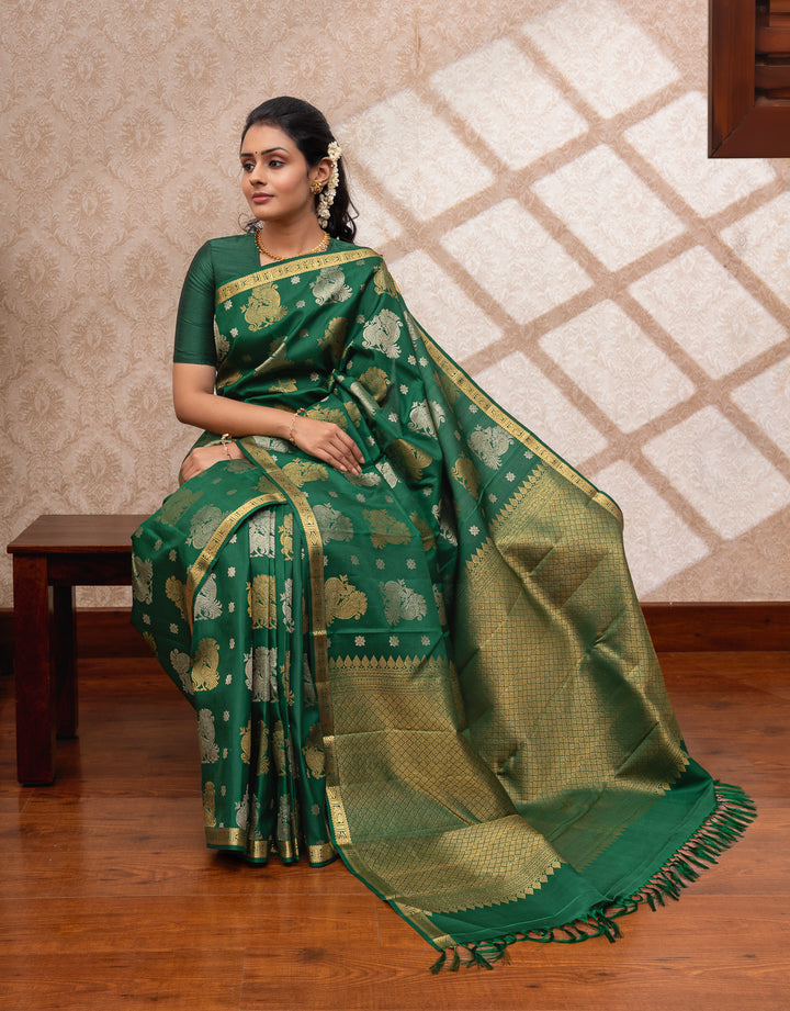 Bottle green vintage motifs pure kanchipuram silk saree