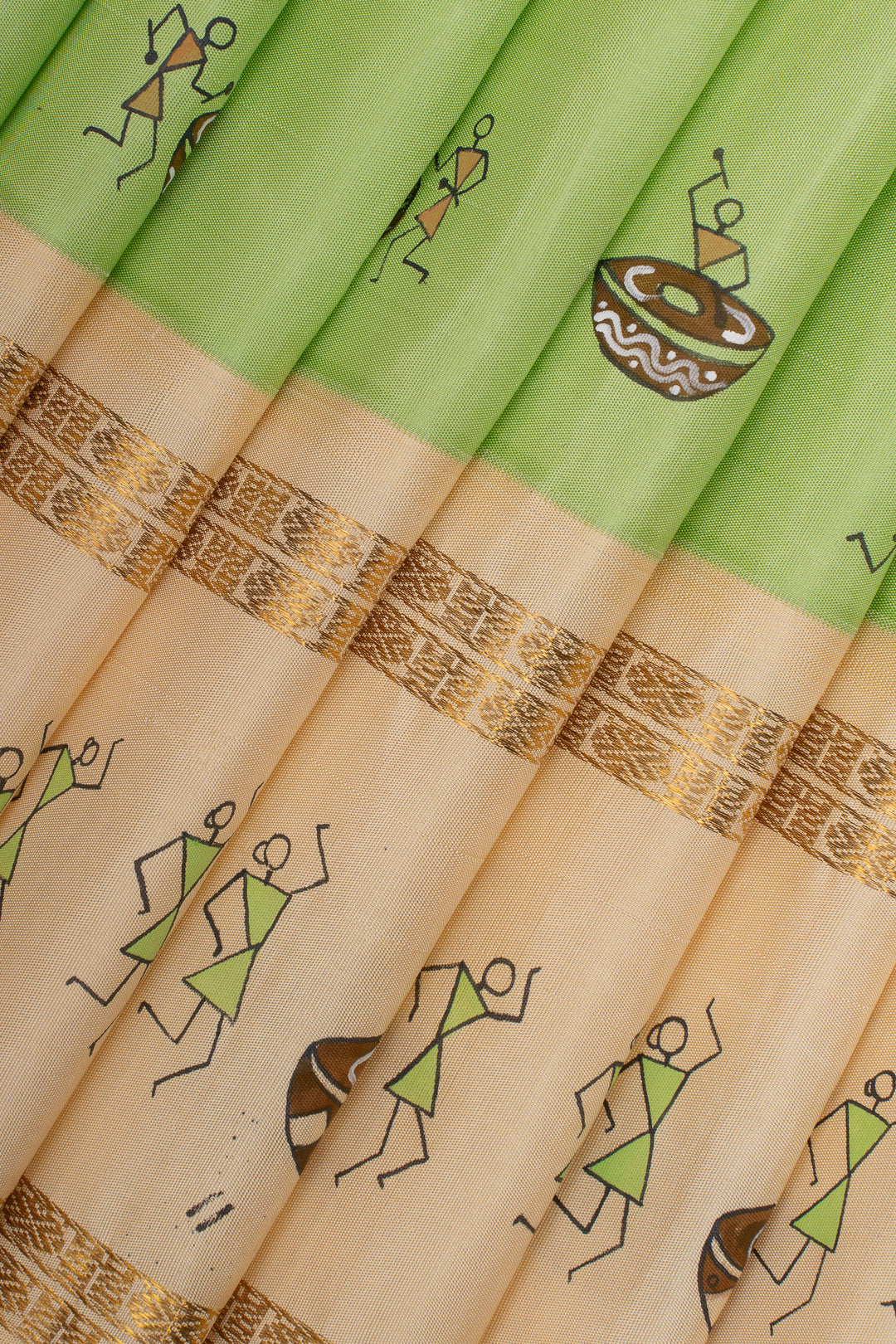 Mint green warli Handpainted pure Kanchipuram silk saree
