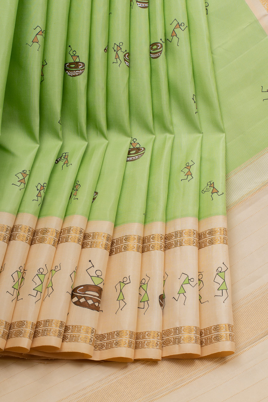 Mint green warli Handpainted pure Kanchipuram silk saree