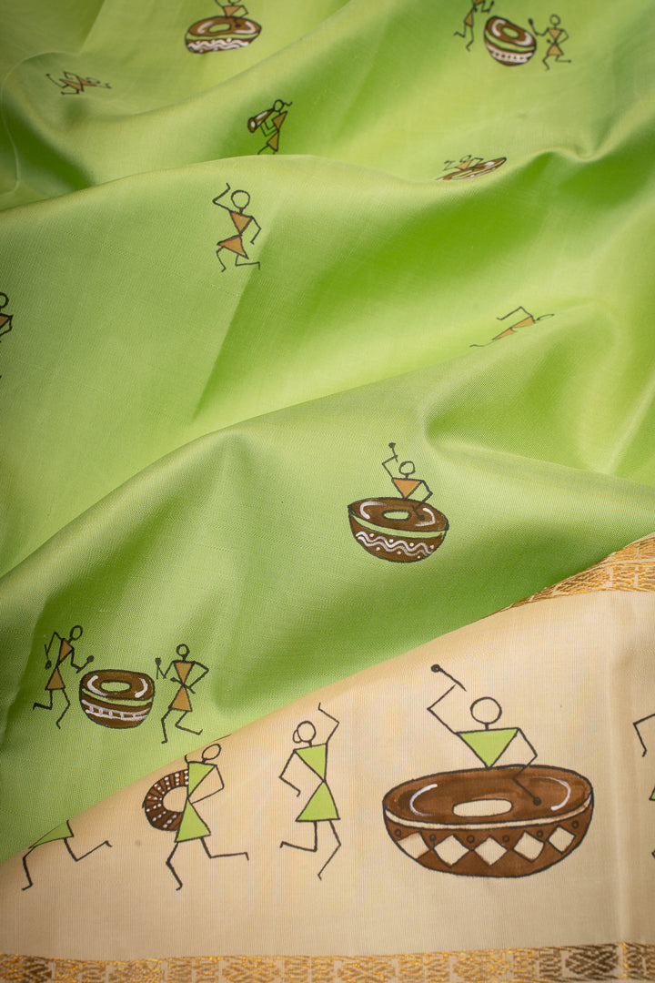 Mint green warli Handpainted pure Kanchipuram silk saree