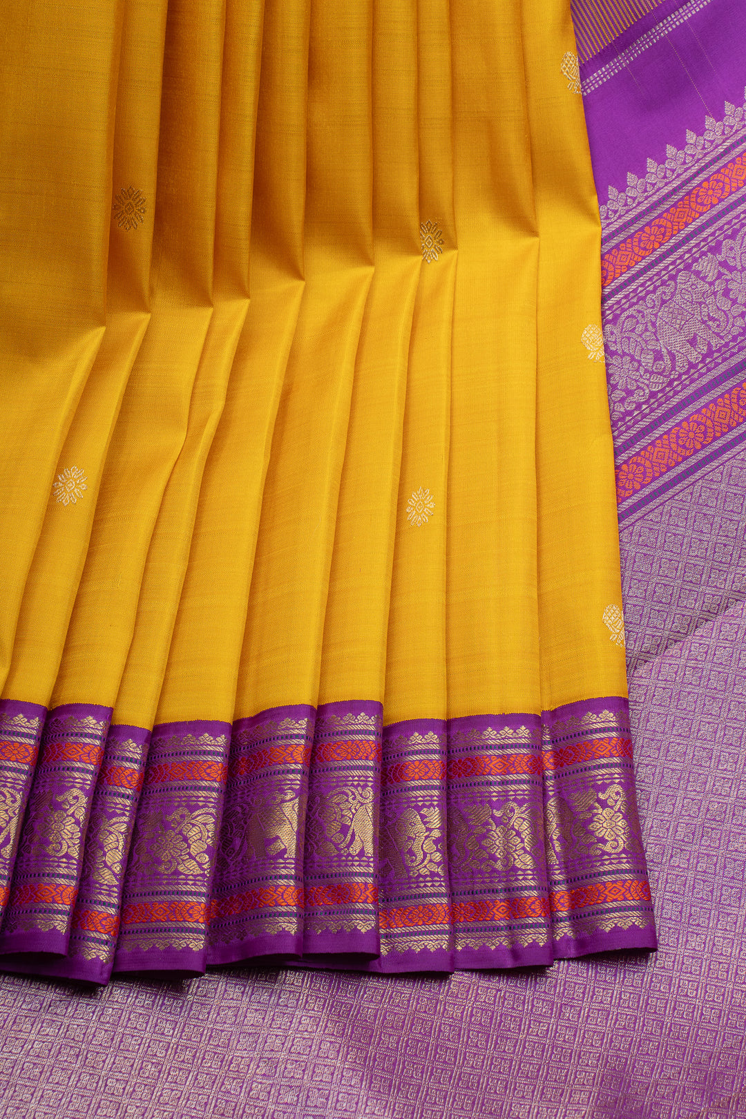 Mustard and purple traditional pure kanchipuram silk saree