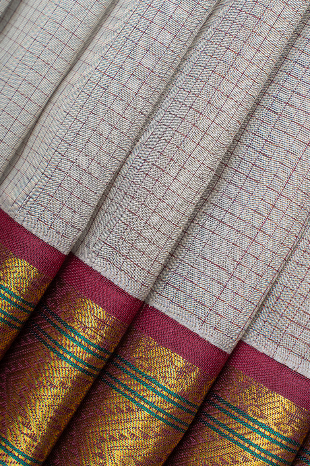 Off white and red checks pure silk cotton saree
