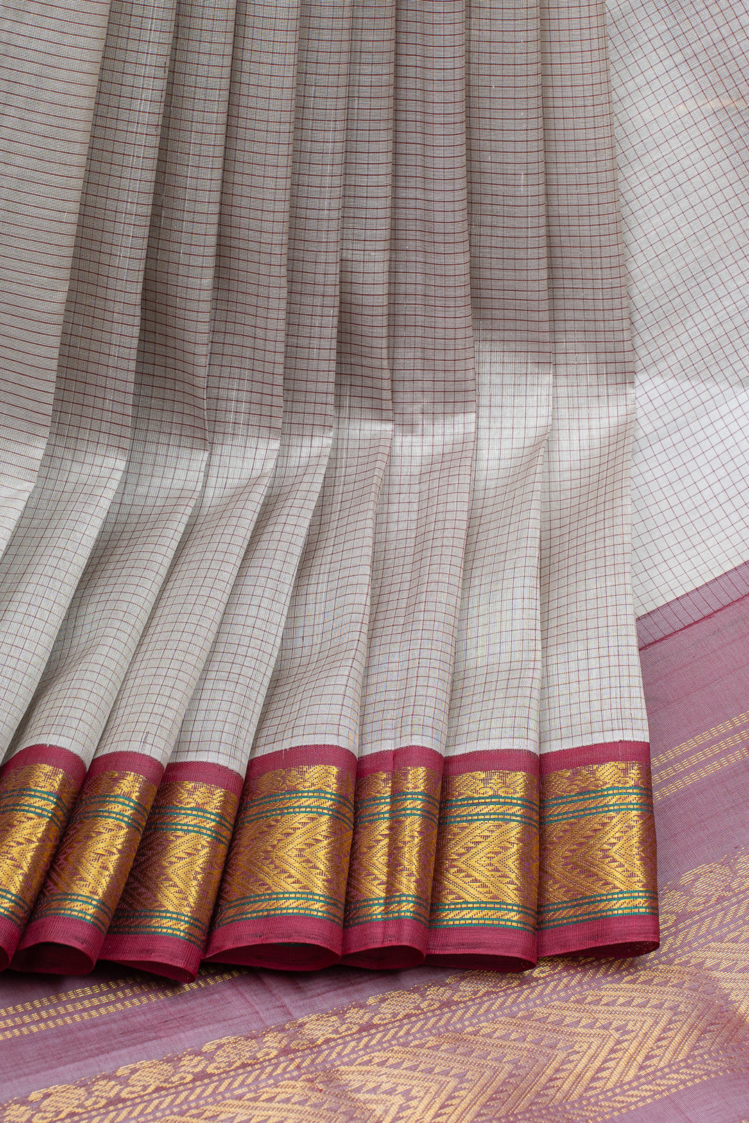 Off white and red checks pure silk cotton saree