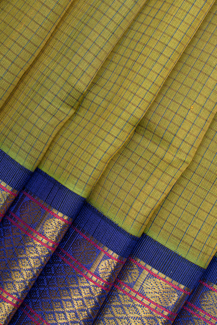 Mehandi green and blue checks pure silk cotton saree