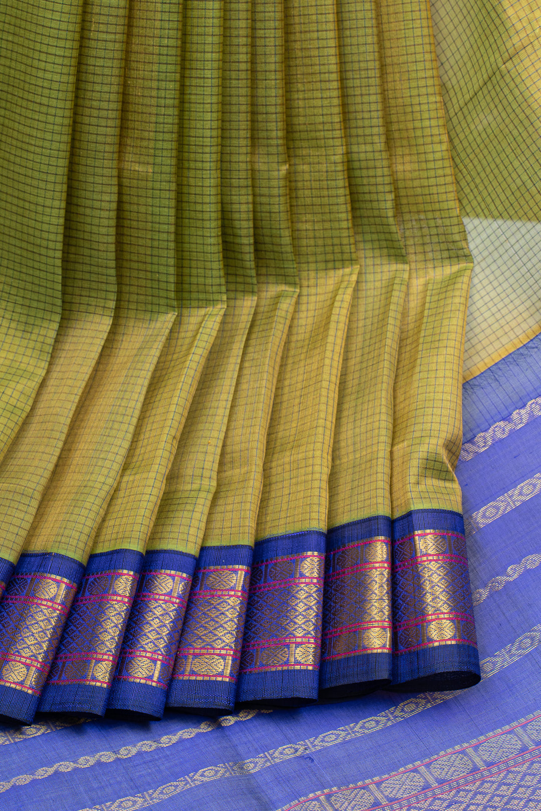Mehandi green and blue checks pure silk cotton saree