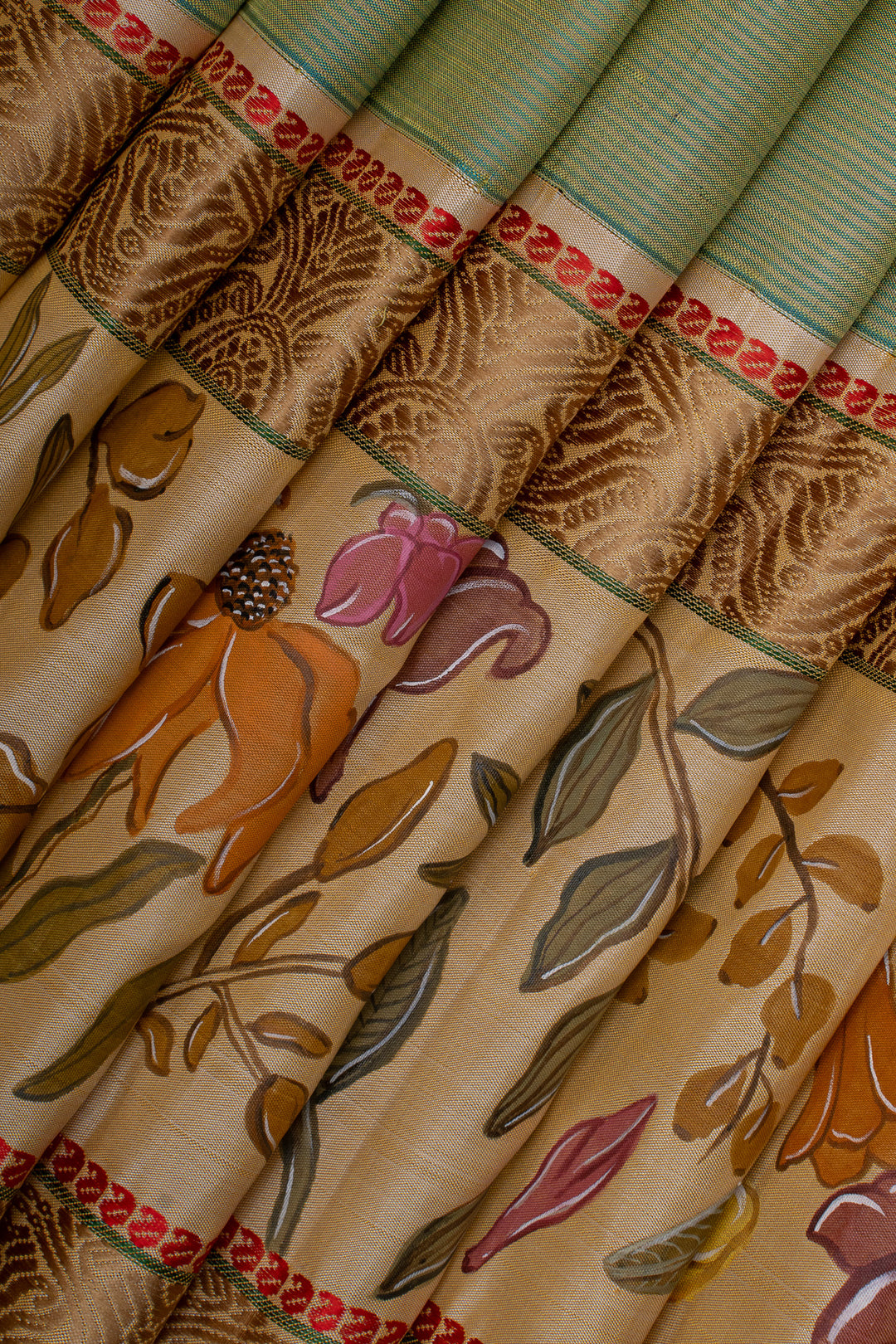 Sage green and Ivory hand painted pure kanchipuram silk saree