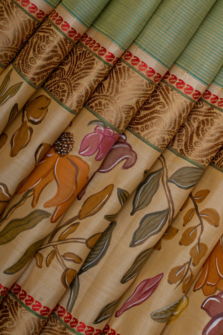 Sage green and Ivory hand painted pure kanchipuram silk saree