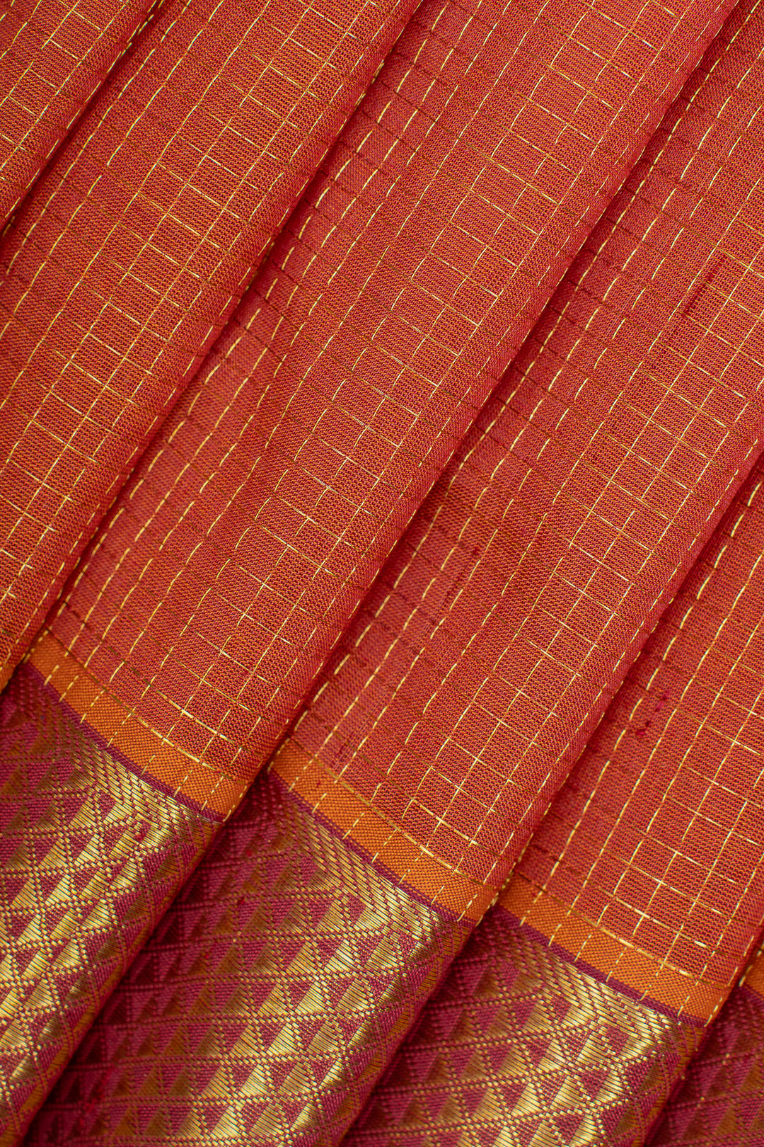 Rust orange checks pure silk cotton saree