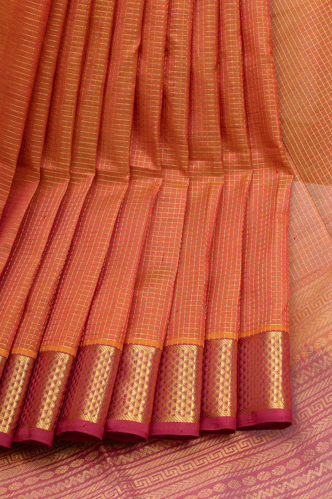 Rust orange checks pure silk cotton saree