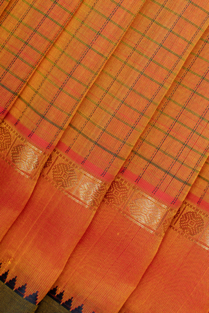 Orange thread checks pure silk cotton saree
