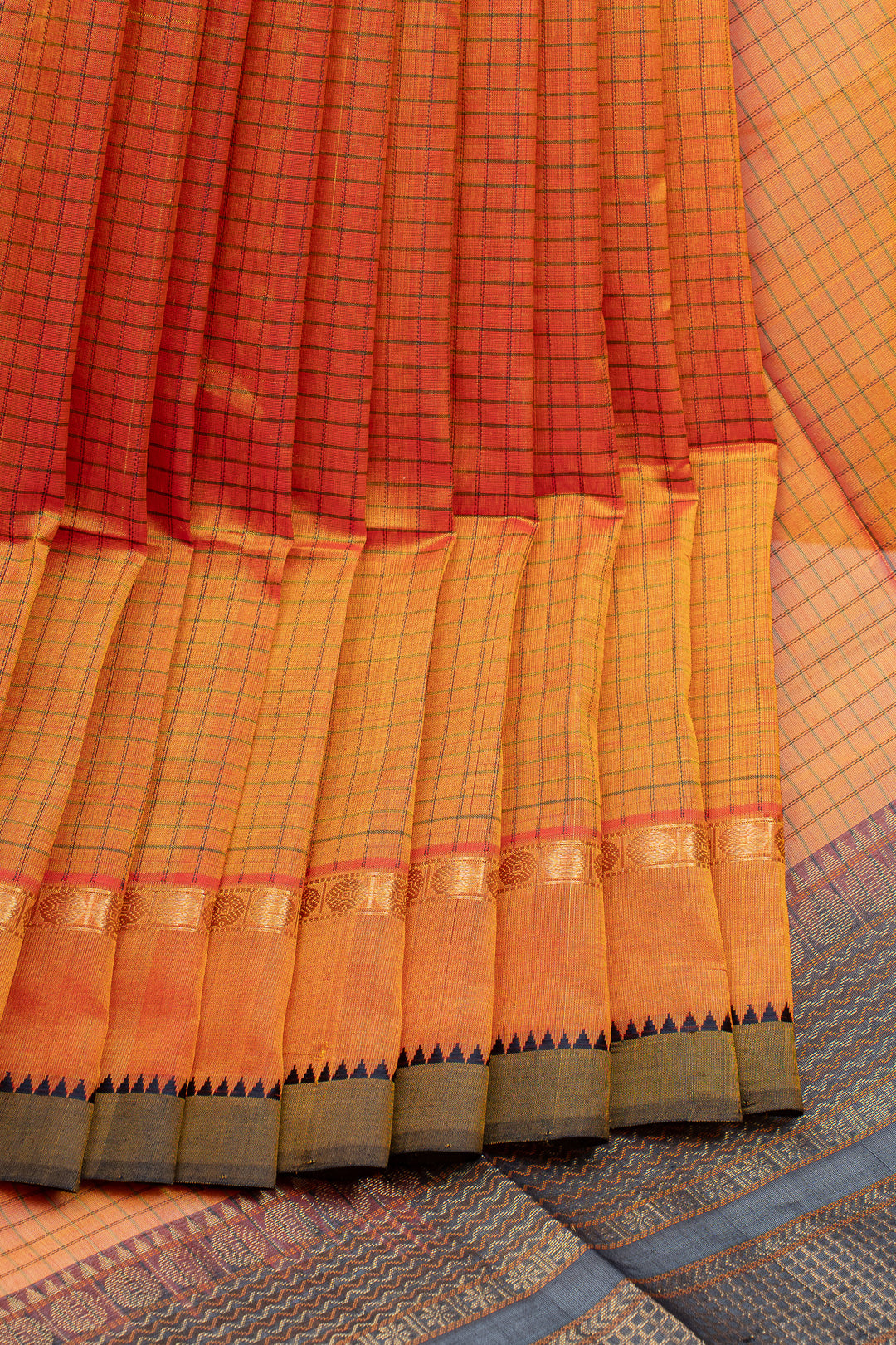 Orange thread checks pure silk cotton saree