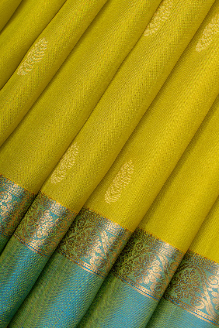 Lime yellow and blue  traditional pure kanchipuram silk saree