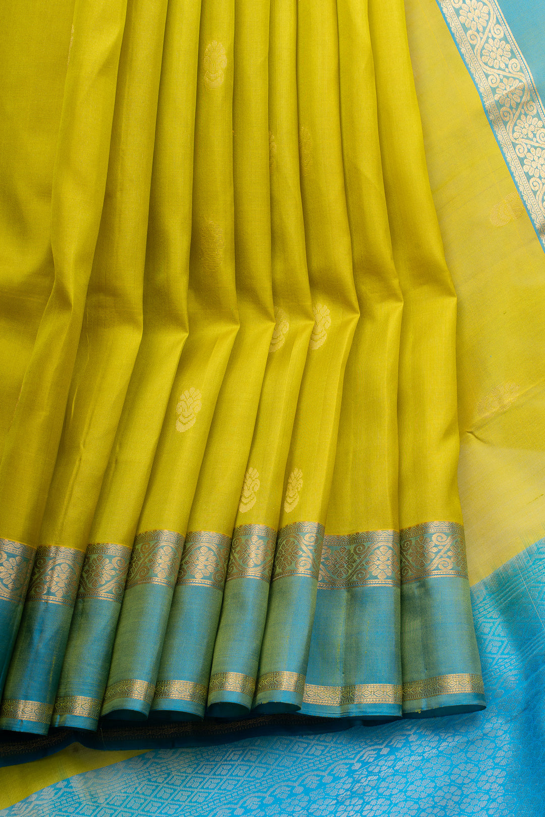 Lime yellow and blue  traditional pure kanchipuram silk saree