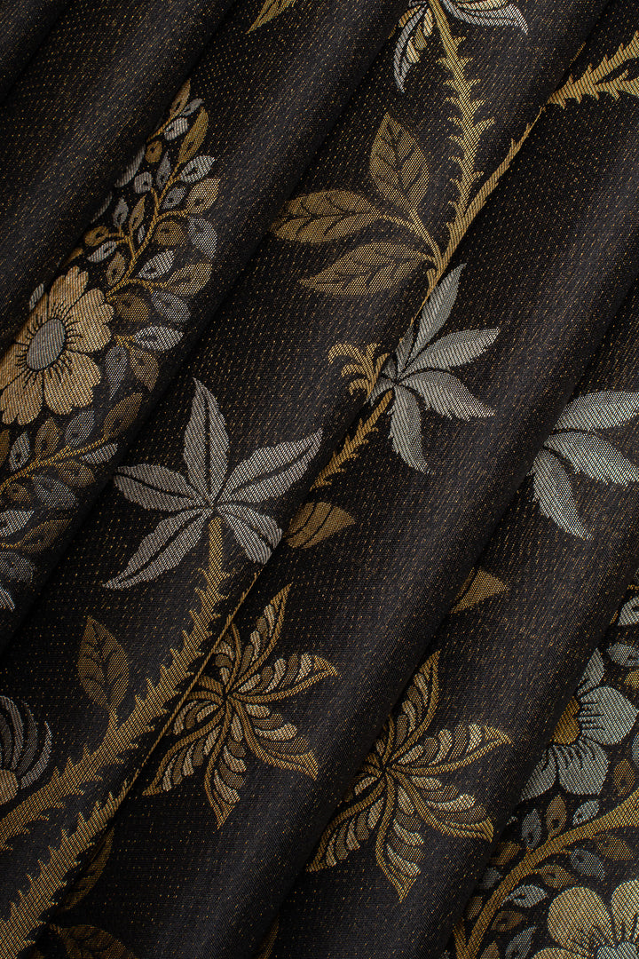 Black floral brocade pure designer kanchipuram silk saree