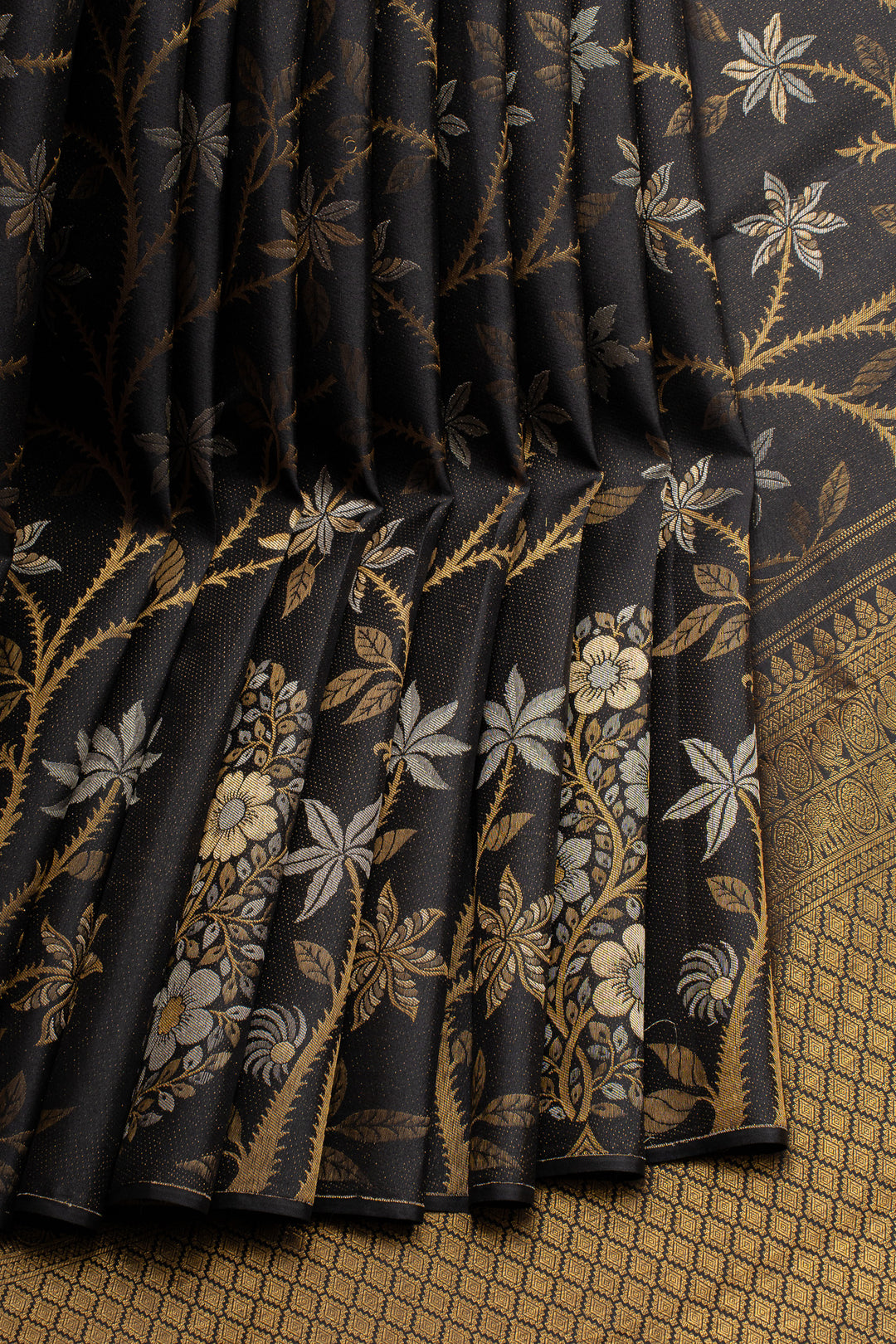 Black floral brocade pure designer kanchipuram silk saree