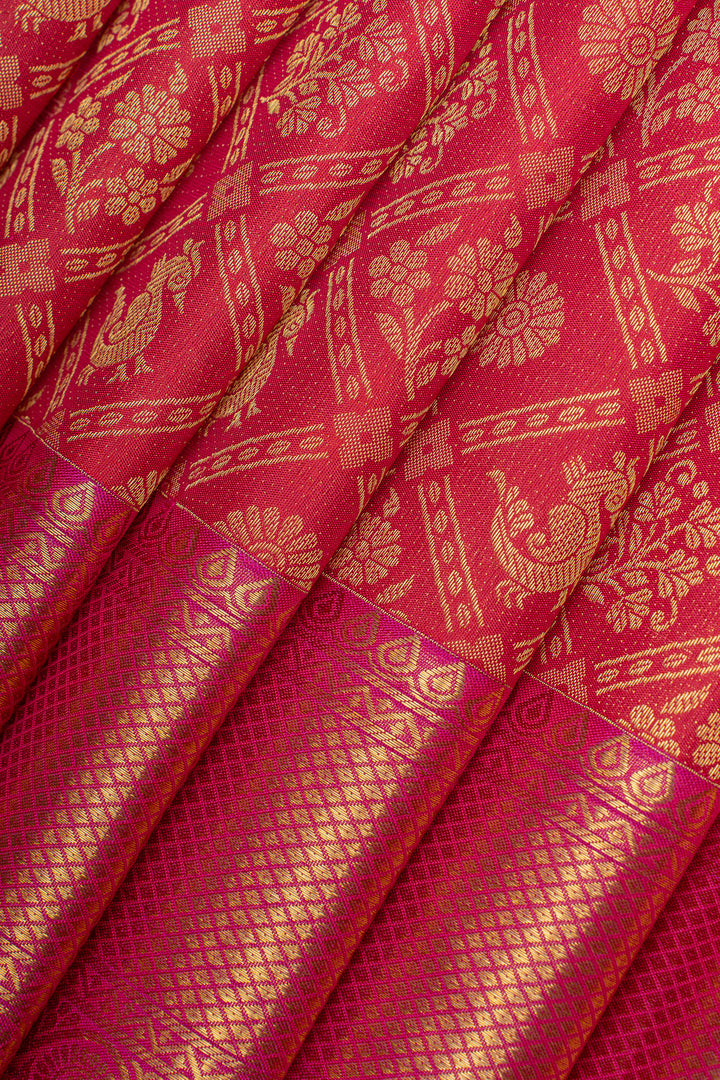 Red and pink brocade pure kanchipuram silk saree
