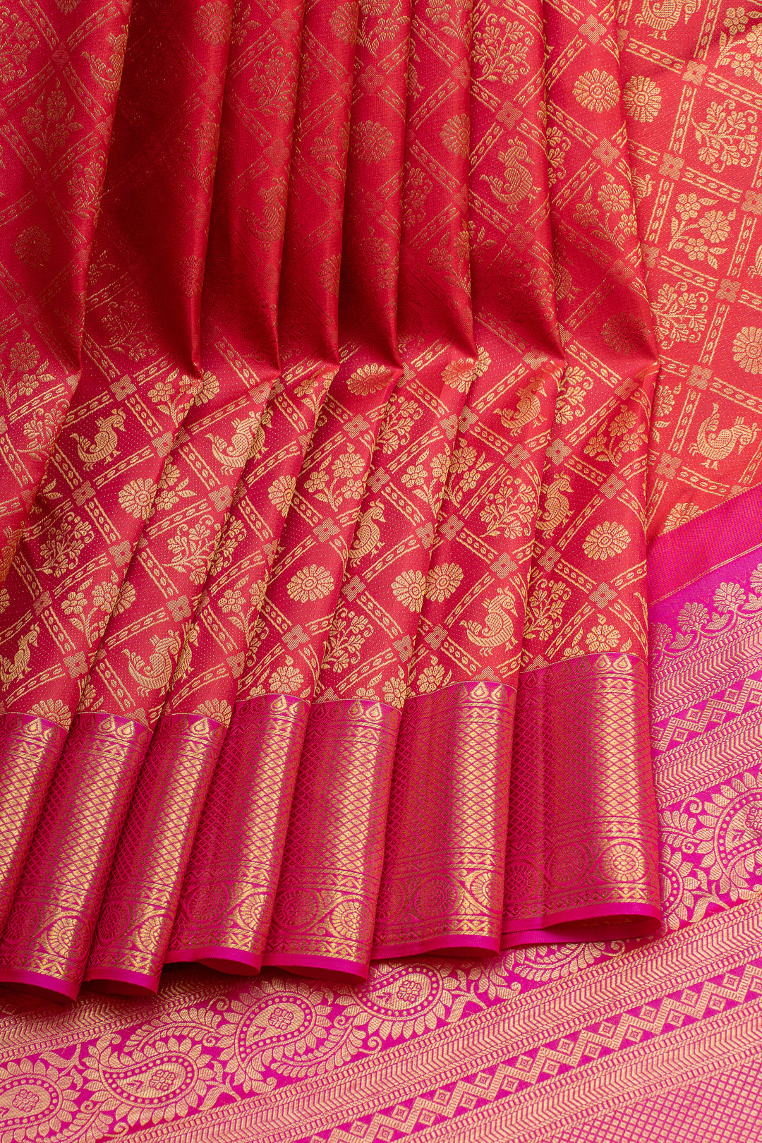 Red and pink brocade pure kanchipuram silk saree