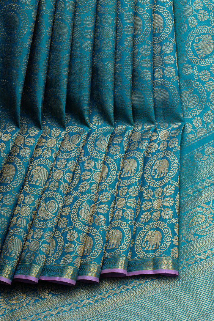Peacock blue traditional pure kanchipuram silk saree