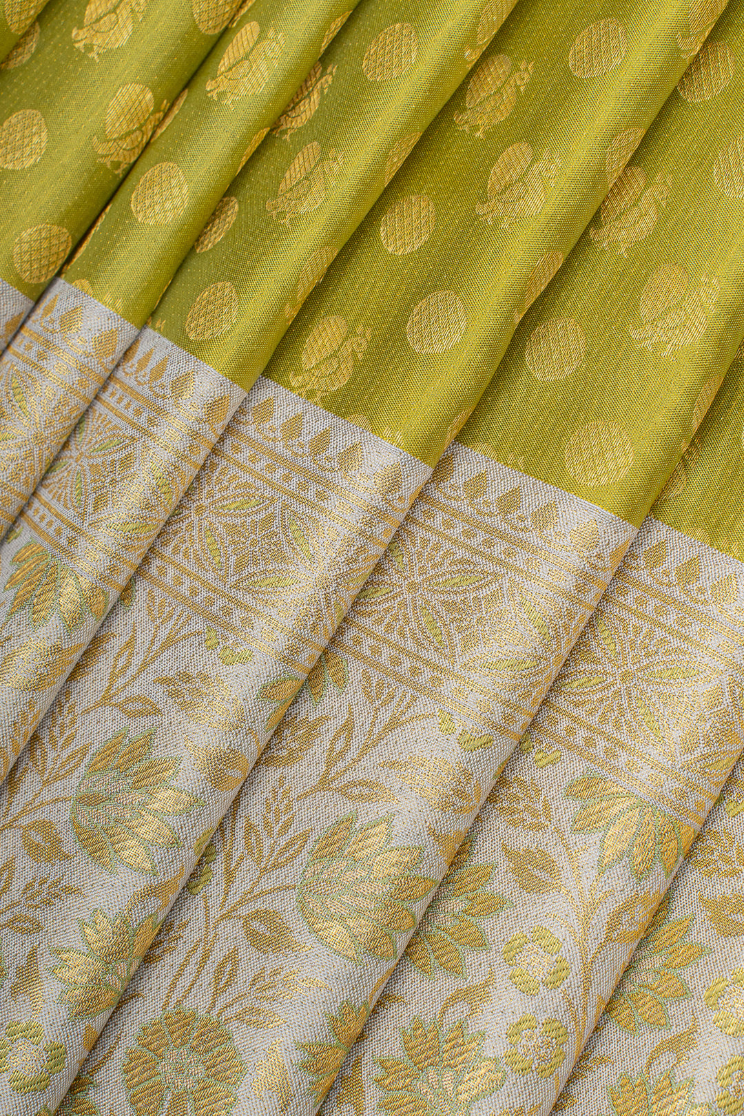 Chartreuse green and Ivory brocade pure kanchipuram silk saree