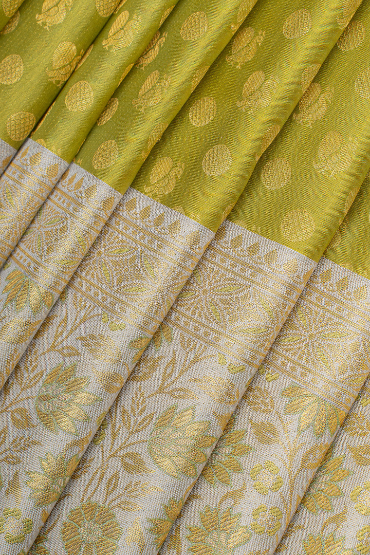Chartreuse green and Ivory brocade pure kanchipuram silk saree