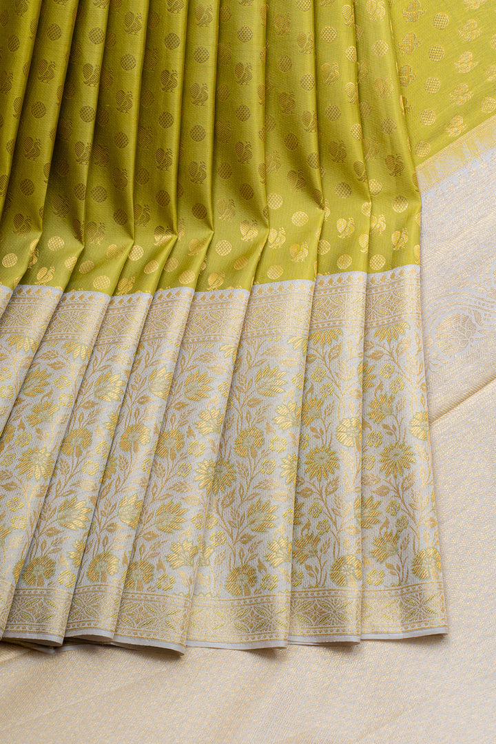 Chartreuse green and Ivory brocade pure kanchipuram silk saree