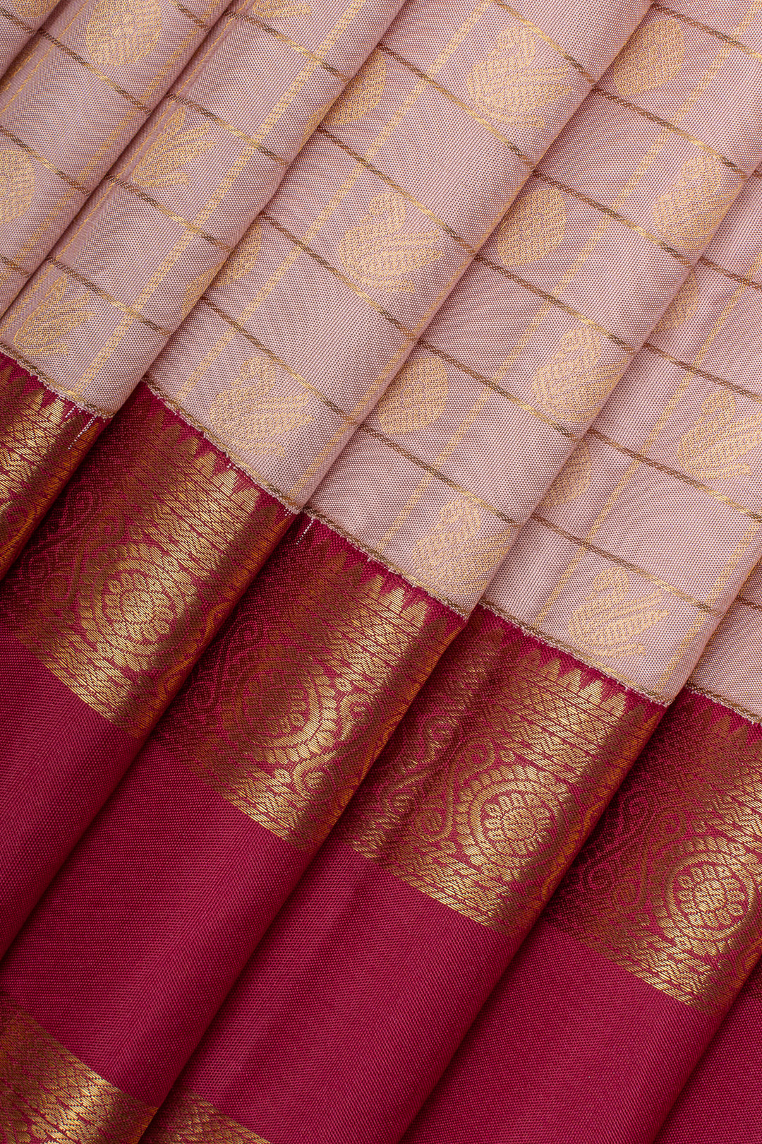 Baby pink and red rettai pettu pure kanchipuram silk saree