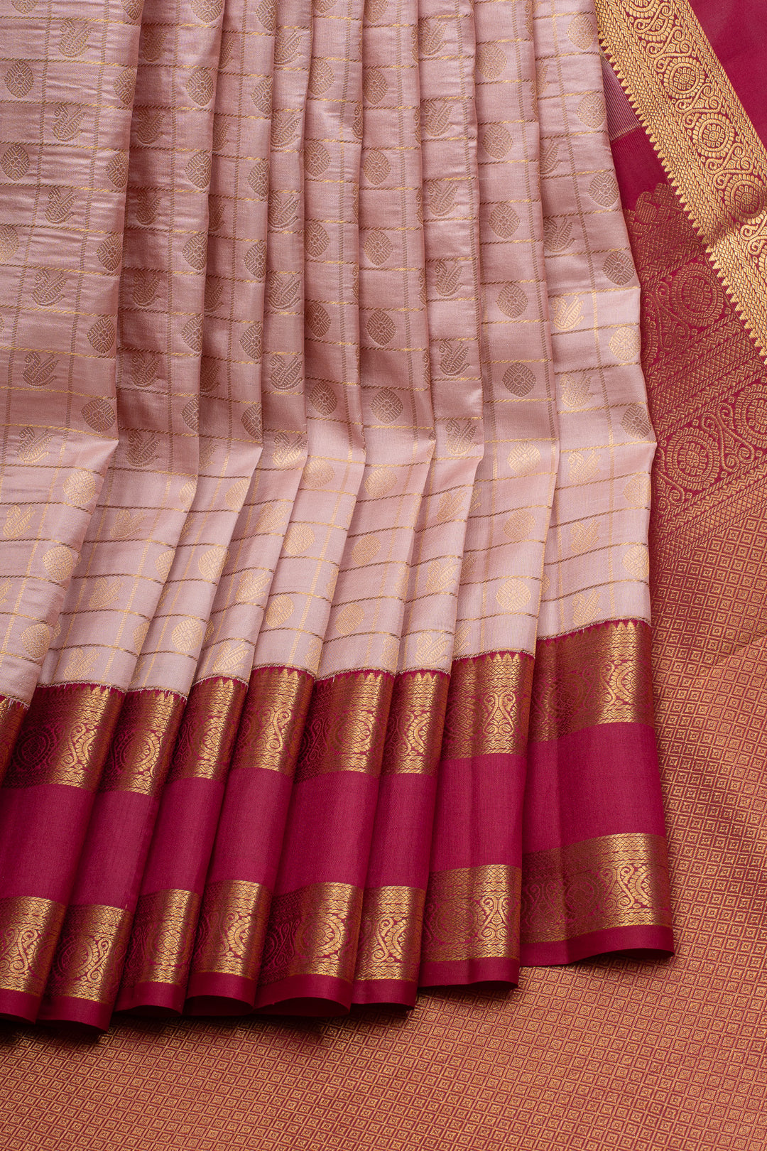 Baby pink and red rettai pettu pure kanchipuram silk saree