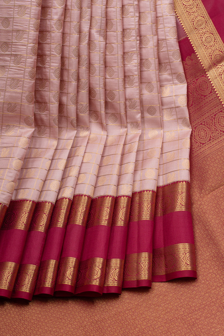 Baby pink and red rettai pettu pure kanchipuram silk saree