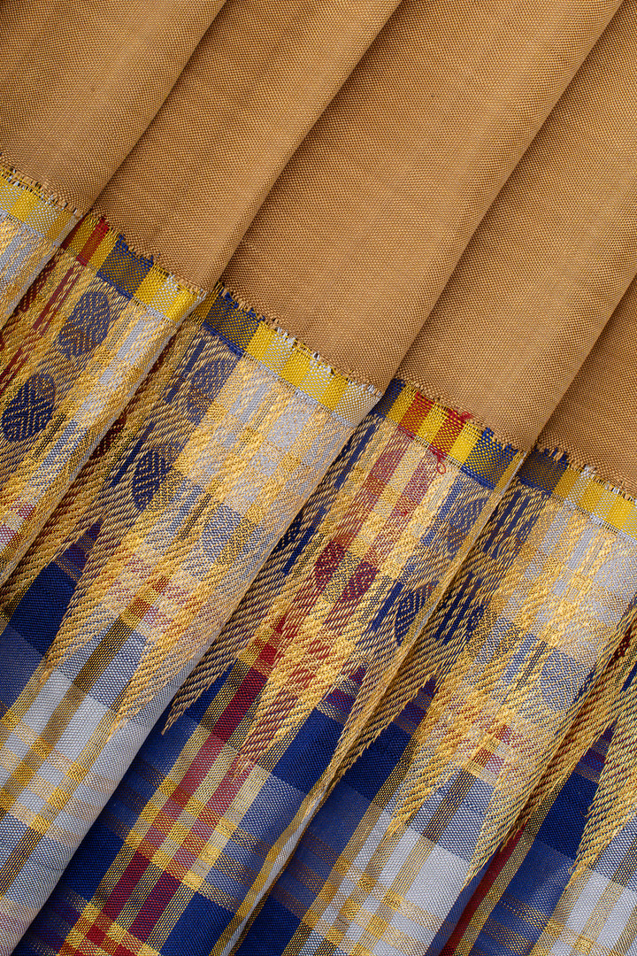 Khaki multi checks pure kanchipuram silk saree