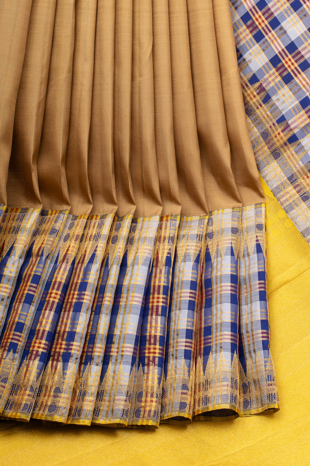 Khaki multi checks pure kanchipuram silk saree