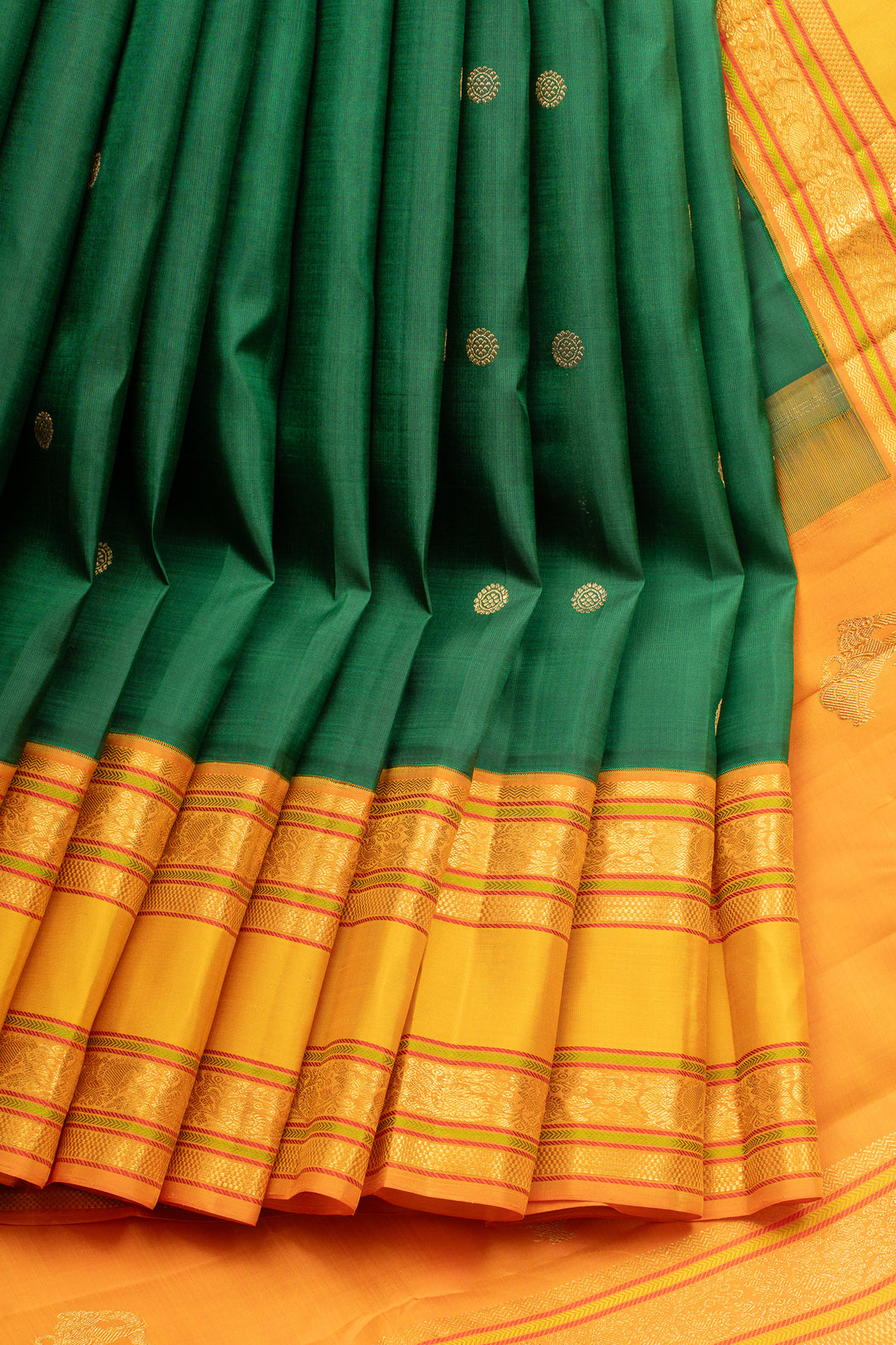 Bottle green and mustard rettai pettu pure kanchipuram silk saree