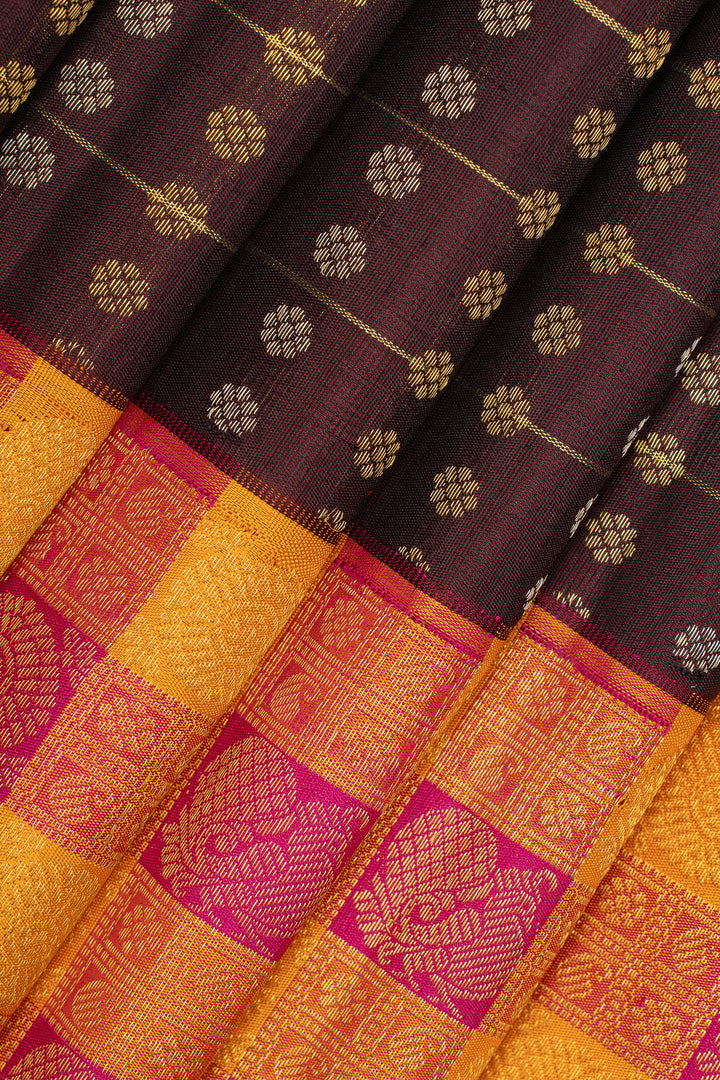 Royal purple lakshabuttaus multi checks border pure kanchipuram silk saree