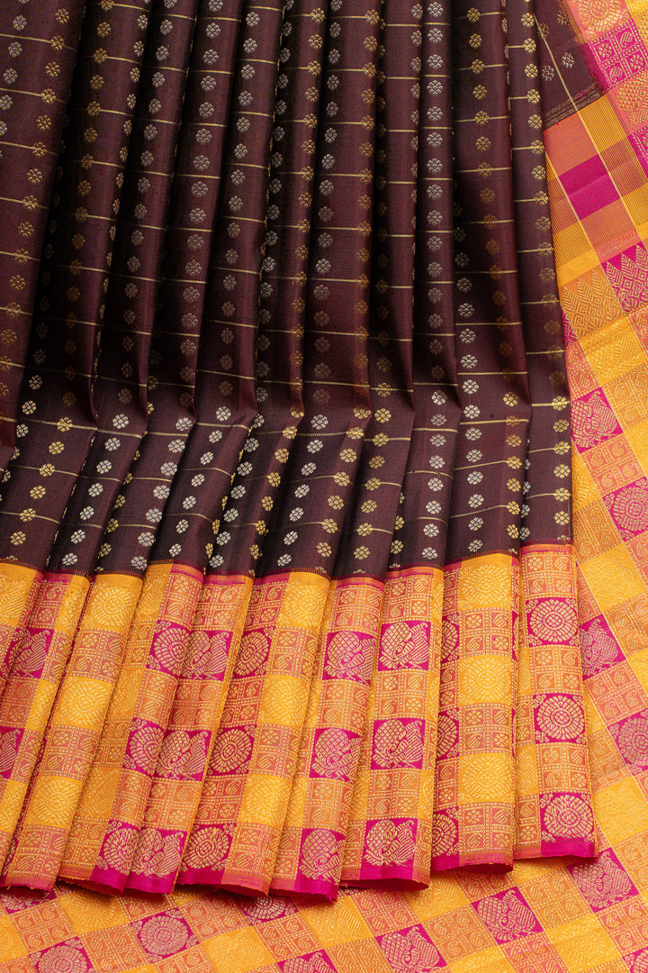 Royal purple lakshabuttaus multi checks border pure kanchipuram silk saree
